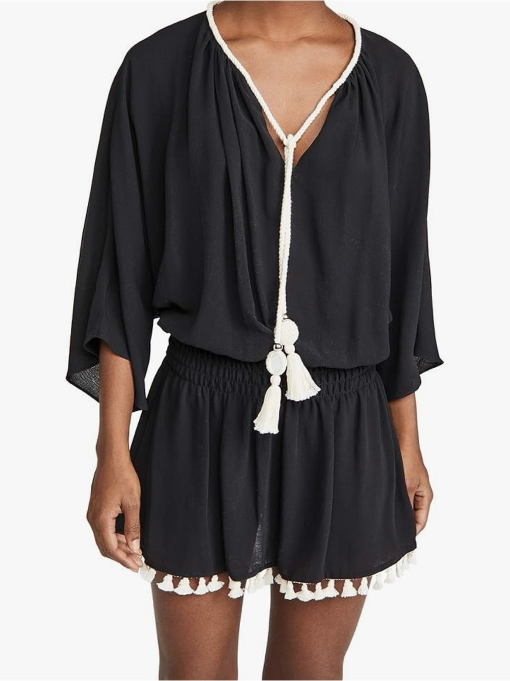 Ramy Brook Katana Coverup Mini Dress Black Smocked Waist Tassel fringe